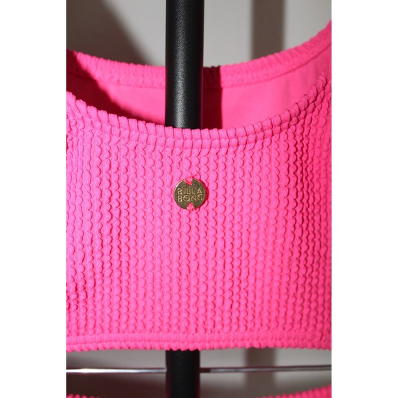 Billabong Neon Pink Smocked Bikini Set Scoop Neck High Cut Two Piece Small - Picture 4 of 9